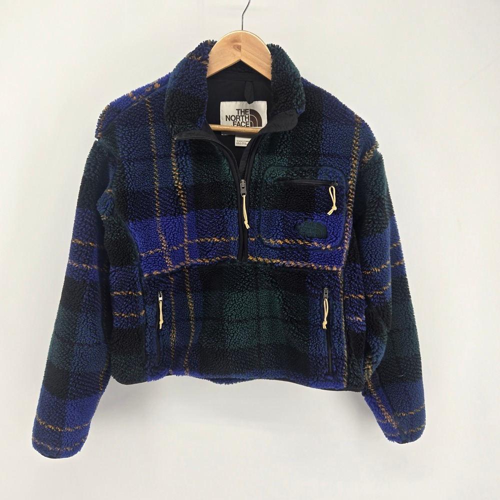 The North Face Fleece Pullover Womens XS Blue Green Plaid Sherpa Zip Jacket